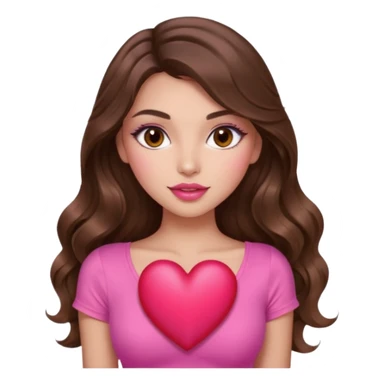 girl with long wavy brown hair, brown eyes, long lashes makeup, sexy pink lips, light to medium complexion, wearing a pink sexy top, holding a big heart sticker