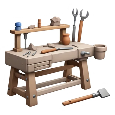 Cinematic Realistic image of a workbench set with a lump of pliable clay and artisanal sculpting tools, rendered with finely detailed textures that reveal subtle clay particles and well-worn tool surfaces, bathed in warm, focused studio lighting sticker