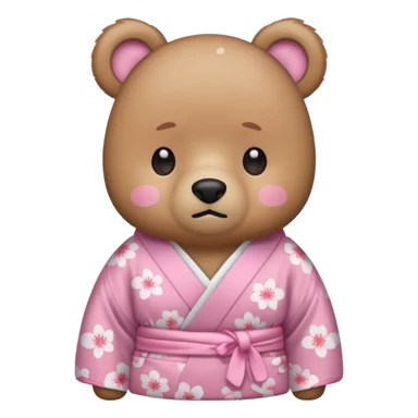 A cute light-brown bear wearing a pastel pink sakura-patterned kimono, normal balanced body ratio.  
Tears pooling under the eyes and softly streaming down cheeks, sad trembling mouth and droopy ears.  
Kawaii emoji style, minimalistic clean sticker illustration, white background. sticker