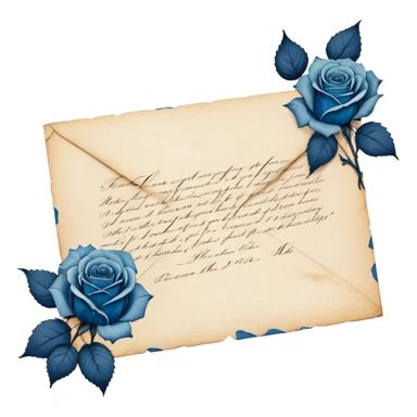 An antique handwritten letter with dried light blue roses and a navy wax seal, vintage aesthetic. sticker