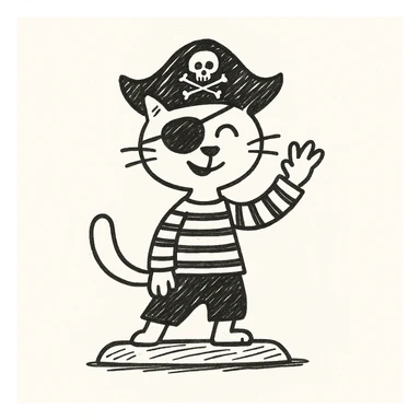 Add an eyepatch to the pirate cat waving, in the style of doodle (notion style hand drawn doodles). Keep the doodle style. sticker