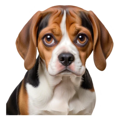 Cinematic Meme-Worthy Grumpy Beagle Portrait Emoji, Head held high but eyes filled with dramatic disappointment, showcasing a smooth tri-color coat of white, brown, and black, deeply furrowed brow forming an unmistakable scowl, floppy ears slightly angled back in disapproval, piercing hazel eyes glaring with pure exasperation, Simplified yet hilariously over-exaggerated features, highly detailed, glowing with an aura of supreme annoyance, high shine, exhausted yet judgmental, stylized with an almost regal pettiness, bright but brooding, soft glowing outline, capturing the essence of a companion that has seen it all and is thoroughly unimpressed, so meme-worthy it feels like it could instantly become the next viral sensation of grumpiness! sticker