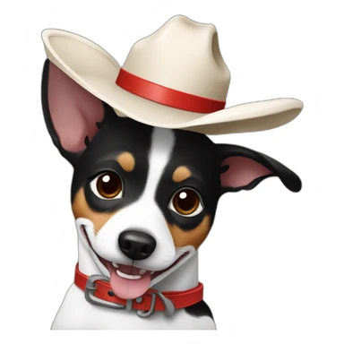 rat terrier wearing a cowboy hat and red collar smiling no brown (black and white) thumbs up sticker
