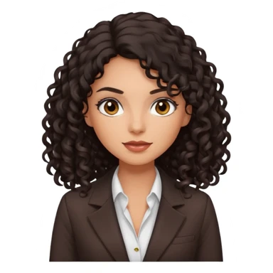 medium deep tan brown business woman with long black curly hair, light rosy cheeks, smoky eyes, dark brown eyes, wearing a dark brown blazer, white shirt sticker