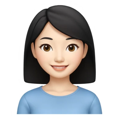 Apple Memoji style, young Asian woman, almond eyes, black hair,
smiling, smooth 3D render, soft gradients, white background,
square format, no text
 sticker
