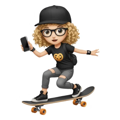 ["An excited girl with light skin, curly hair, wearing a baseball cap and square glasses, dressed in goth fashion, is skateboarding while holding a camera."] sticker