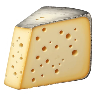 wedge of Tomme de Savoie cheese, pale yellow inside, thick rustic rind in grey-brown with natural mold spots, dense grainy texture, cleanly cut, earthy look, soft lighting, emoji scale sticker