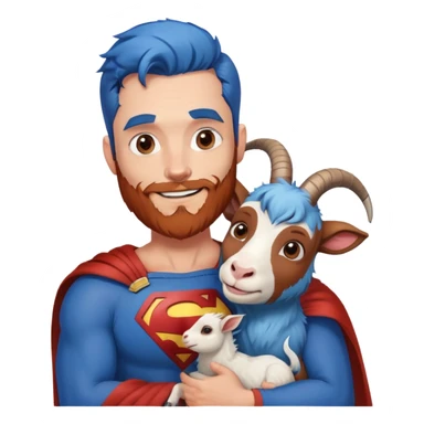 Adult Superman with redish brownish full beard with his arm around a blue hair happy goat sticker