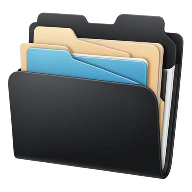 small cute black folder icon, slightly open at the top, multiple pockets or sections visible, white label area on the front with the word 'Titles' in playful handwriting sticker