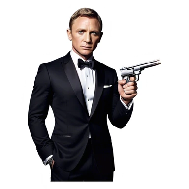 Cinematic Realistic James Bond Daniel Craig Portrait Emoji, depicted as the ultimate suave and enigmatic secret agent, donning a sharply tailored tuxedo, gripping a sleek handgun, with a piercing gaze that exudes confidence and danger. The scene is infused with moody, high-contrast cinematic lighting, evoking the thrilling world of espionage and intrigue. sticker