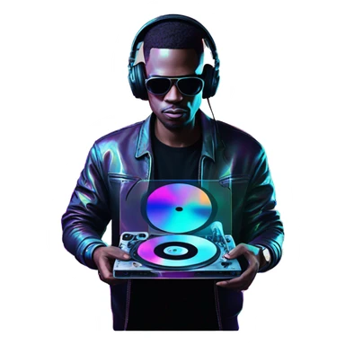 A dj wearing sunglasses playing music holding a cd record record, vinyl, oilslick holographic blacklight inverted graffiti dark dull sticker