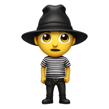 White Thief with black and white stripes shirt wearing a black bean hat holding a yellow bag sticker
