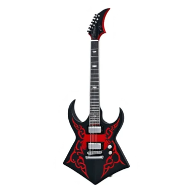  Create a bold and fierce emoji representing the Dean V Dave Mustaine ‘Angel of Death’ (VMNT AOD) electric guitar. The design should feature the sharp, V-shaped body of the guitar with an intricate, dark angel graphic on the body. The guitar should have a sleek black finish with contrasting elements like red and silver details. Include chrome tuning pegs and pickups to reflect its high-end craftsmanship. Subtle details like skulls, flames, or other gothic elements will emphasize its ‘Angel of Death’ theme. Use dark, metallic colors like black, silver, and red to evoke the heavy metal energy. The background should be transparent. sticker