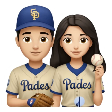 Couple in a game  but light skin. They are girlfriend and boyfriend. Not sibling. Girl has long dark and dimples on the cheeks. The boy has dark hair but shortand prominent eyebrows with egipcian nose. Both are wearing “Los Padres” baseball jerseys and with a sign that says “Go Padres” sticker