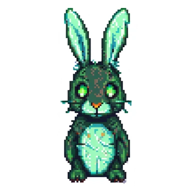 standing pose tattered green animatronic rabbit with glowing eyes, horror vibe, Springtrap, pixel art sticker