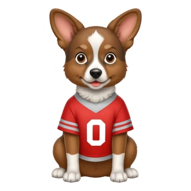Brown Aussie dog wearing Ohio state jersey sticker