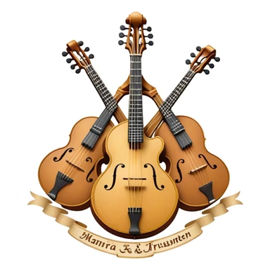 Design a complex, festive, and professional emblem-like emoji representing plucked string instruments. The composition should resemble a heraldic crest, featuring iconic instruments like a banjo, mandolin, domra, and sitar, artistically arranged in a balanced and symmetrical layout. The necks of the instruments should extend upward, intertwining with a flowing ribbon of musical notes, which weaves elegantly around the strings and headstocks. The design should incorporate intricate details, such as carved patterns on the instruments and decorative fretboards, while maintaining clarity and recognizability. Use a rich and celebratory color palette with gold, deep brown, and vibrant accents, adding subtle highlights and shadows for a polished, three-dimensional look. Include ornate elements like laurels, swirls, or subtle engraving to enhance the emblematic feel. The background should be transparent to highlight the composition as a standalone emblem. sticker