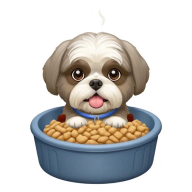 old ALL grey shih tzu in dog bed with bowl of food tongue hanging out sticker