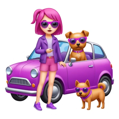 A girl with a pink dog and a purple car with yellow sunglass sticker