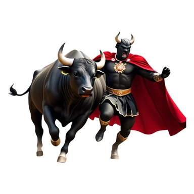 ​Cinematic Realistic black charging bull, against a matador depicted in a flowing red cape, captured in the dramatic moment of confronting a charging bull in a traditional bullring, rendered with dynamic motion and dramatic lighting that encapsulates the intensity and artistry of the spectacle, sticker