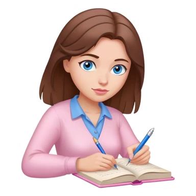 female writer, romantic, brown haired, fair skinned and blue eyed writing a light pink romance book sticker