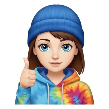 White woman with very short brown hair and a side bang on her face under a black beanie. i want her to have blue eyes with long eyelashes and tiedye hoodie. i would like for her to be doing a thumbs up with one hand  sticker