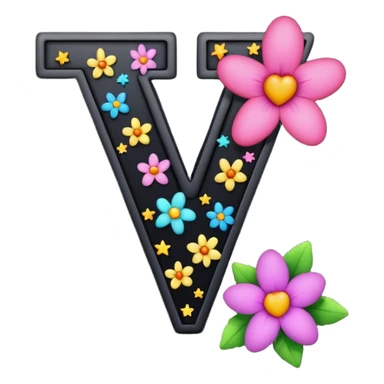 The letter V in black font with a pink heart stars and flowers sticker
