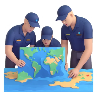 Team of marine geologists examining 3D maps of underwater terrain created from sonar data sticker