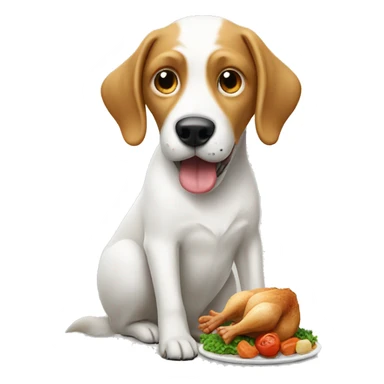 White dog eating a chicken sticker