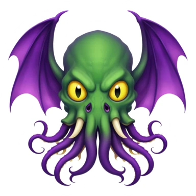 deep green Cthulhu with purple bat wings and purple gradient tentacles. Yellow angry eyes. yellow suckers on tentacles. dramatic ominous shading. two saber-teeth sticker