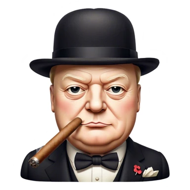 Cinematic Realistic Winston Churchill Portrait Emoji, depicted as a resolute British statesman with a signature bowler hat and a cigar, exuding determined leadership and wartime valor, rendered with lifelike textures and dramatic vintage lighting that captures his iconic British spirit. sticker