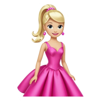 En klassisk blond modedukke med høj hestehale, iført en glamourøs hot pink aftenkjole, skinnende plastik-tekstur, smilende, ikonisk legetøjs-æstetik. sticker