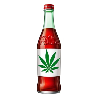 iconic curved Coca-Cola style glass bottle in red with a green cannabis leaf printed on it sticker