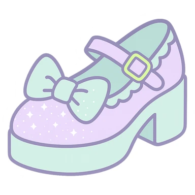 Refine the kawaii BLACKPINK-inspired gothic shoes with a large bow, scalloped edge, sparkling glitter, and neon accents. Use pastel lavender and pastel mint as the main colors. Keep the design playful and stylish with no hearts. Transparent background. sticker