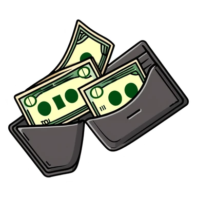 black leather wallet with dollar bills inside and a small clock in top right corner positioned over the wallet sticker