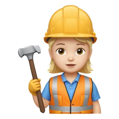 toddler wearing oversized construction helmet and safety vest holding tiny hammer, 3D emoji style sticker