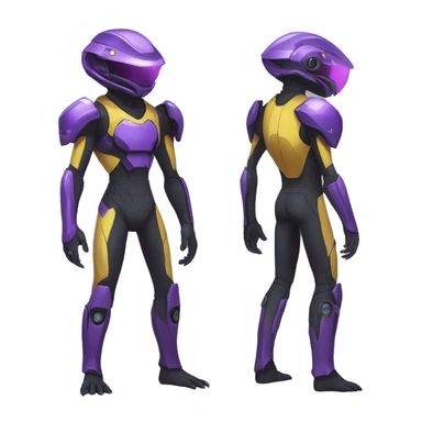 a shiny black-purple-yellow Genesect-Raptor-Fakémon—hybrid with a futuristic visor-helmet full bod sticker