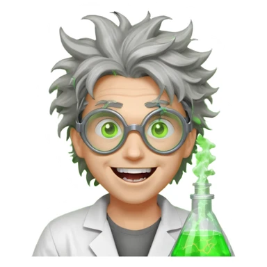 mad nuclear scientist portrait, head and shoulders only, messy hair, cracked goggles, glowing radioactive green light, excited crazy smile, 3D cartoon, mobile game icon style, clean background, no text, no watermark
 sticker