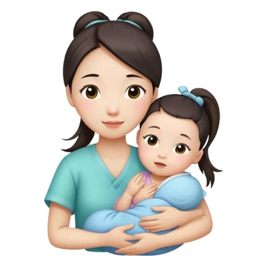 Ponytail chinese girl hugs a newborn baby and a girl sticker