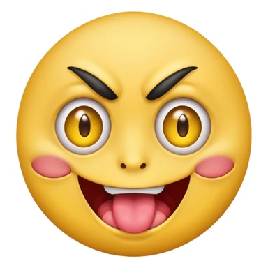 A yellow round face emoji smirking with its tounge out but the eyes are evil and kind of crazy and only one eyebrow is raised higher than the other sticker