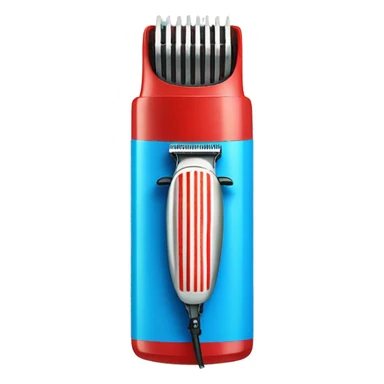 hair clipper with a barber pole near blue present box with red bow sticker
