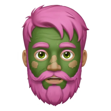 pink haired man with full full face dirty messy green clay mask and beard sticker