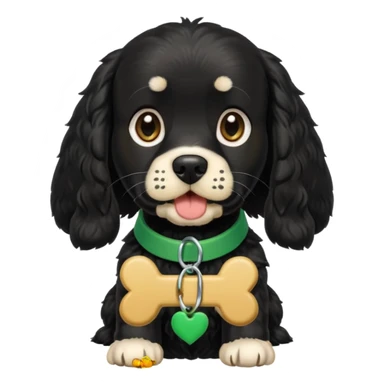 Black cocker with green collar and bone tag with FRANKIE written on it sticker