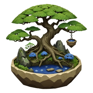Alien spacecraft hanging-jungle vines mountain-island landscape mudman very old broken cracked intricate Stone Age rocky-crusted irregular dodecagon-shaped shallow dark moss rough bark blue willow flowered maple tree bonsai pot sticker