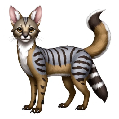 Realistic patterned marked edgy greyish blackish whitish silvery coppery Shiny Colorful Glossy Genet-Caracal-Cabbit-Lion-Bobcat-fusion-animal-hybrid-creature, full body, big-tufted-bat-ears, long-thin-tufted-white-tipped-tail sticker