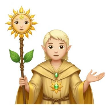 {
      "type": "human",
      "look": "light elf healer, golden robe, staff with leaf and sun motif",
      "description": "a light elf healer wearing a golden robe and holding a staff with leaf and sun symbols"
    } sticker