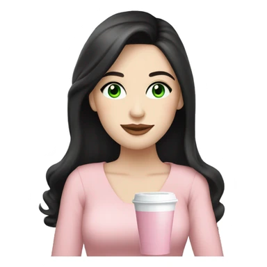 pretty woman with pale skin, very long black hair and green eyes and light pink outfit drinking a pink latte sticker