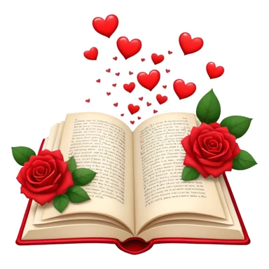 Icon for Romance Reading: an open book with a heart-shaped bookmark, surrounded by roses, a love letter, and a cup of tea, with small hearts and Cupid with bow and arrows flying out of the pages. Transparent background. sticker