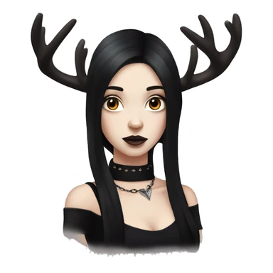 Portrait. Goth deer girl in a black sleeveless dress with a choker. White antlers with deer ears. Long Black hair sticker