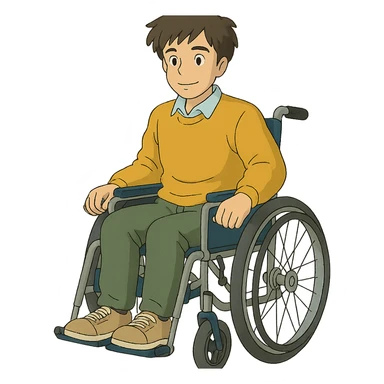 ghibli style illustration of a man with a physical disability, such as using a wheelchair sticker